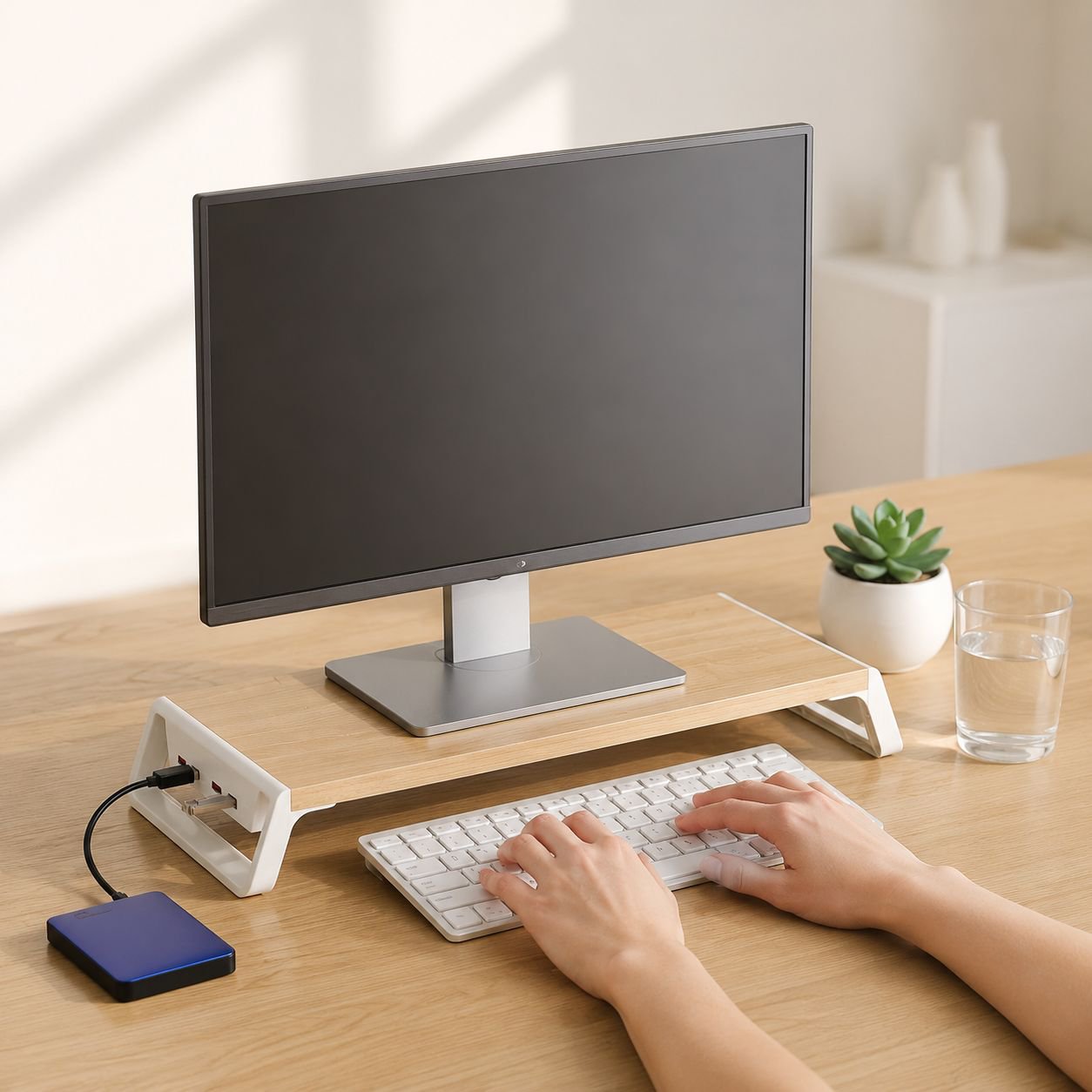 Monitorständer mit integrierten USB-Anschlüssen und Regal