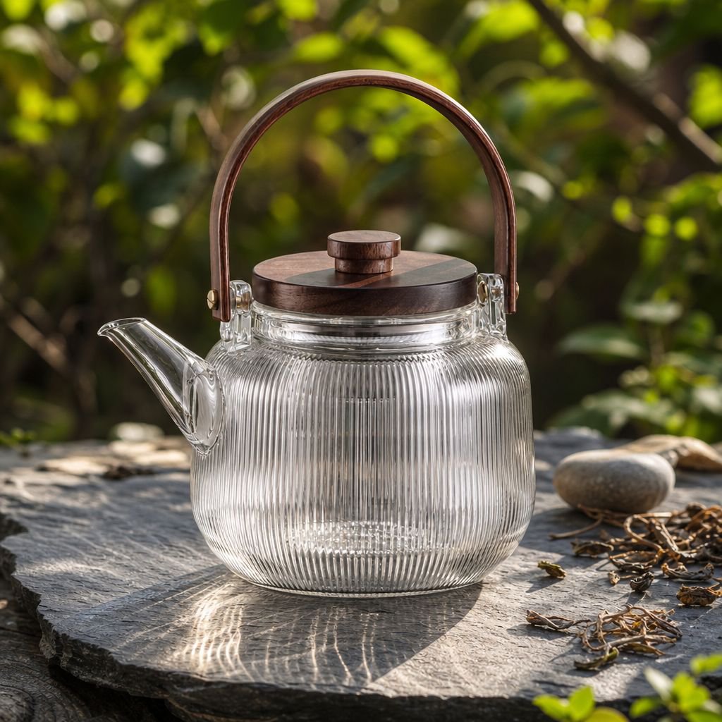 Chinesische Teekanne aus transparentem Glas mit Henkel