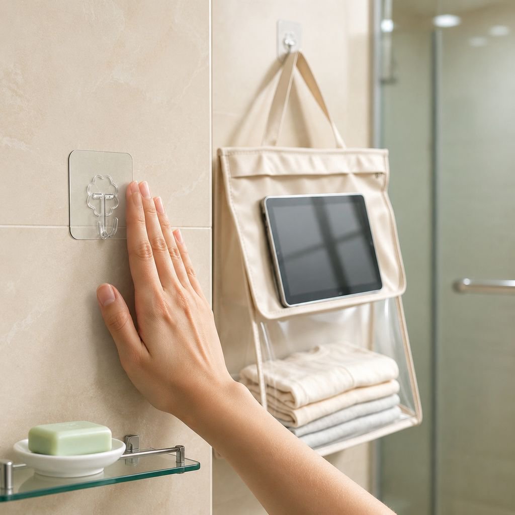 Wall-mounted waterproof bathroom organizer bag in modern bathroom