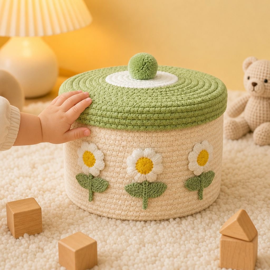 Panier de rangement tressé en coton avec couvercle