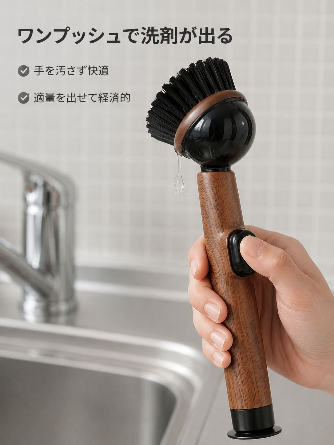 木目調吸盤付き長柄鍋用洗浄ブラシ 液体注入型 キッチン用