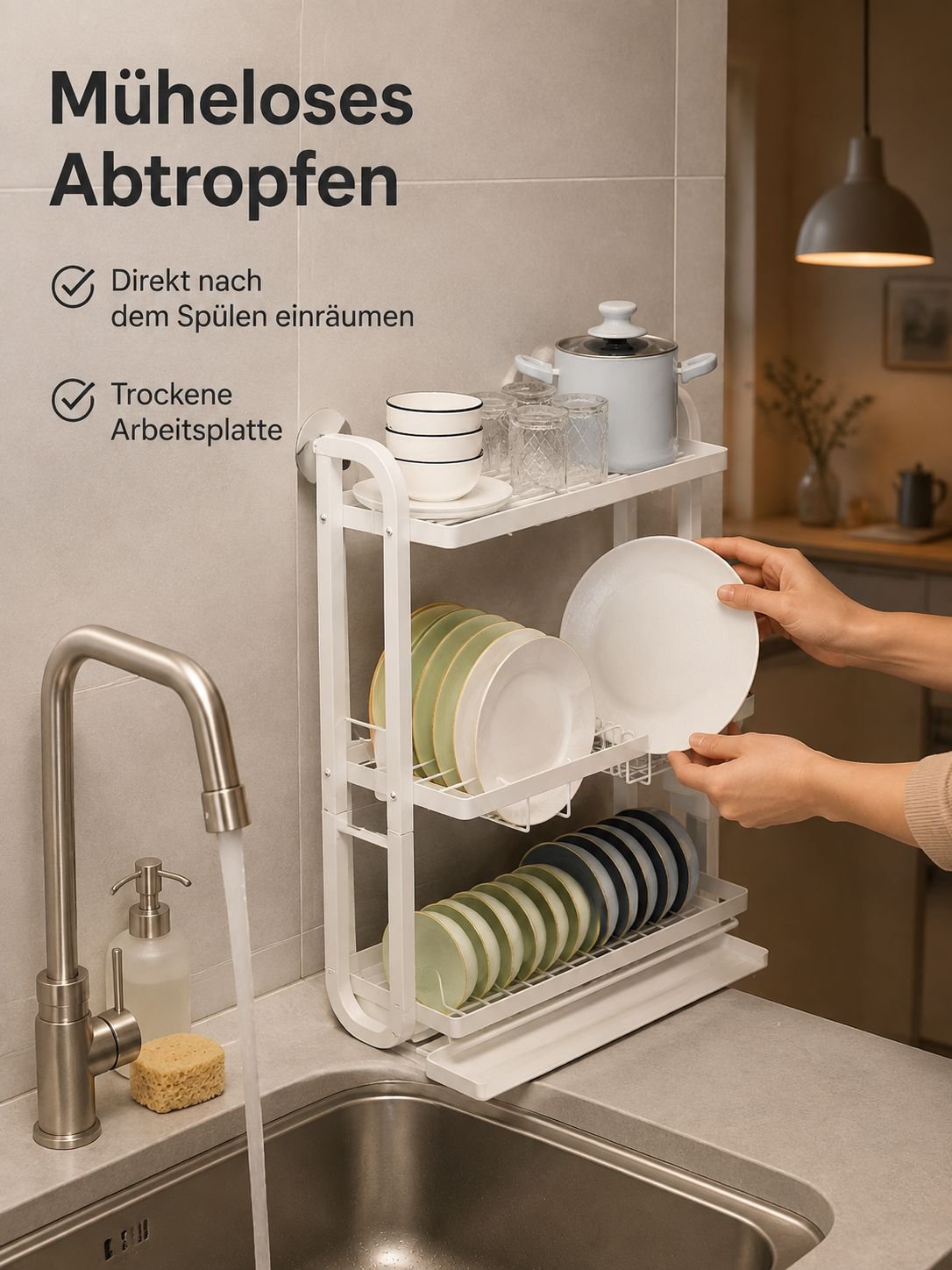 Perfektes Abtropfgestell für kleine bis mittelgroße Haushaltsküchen.