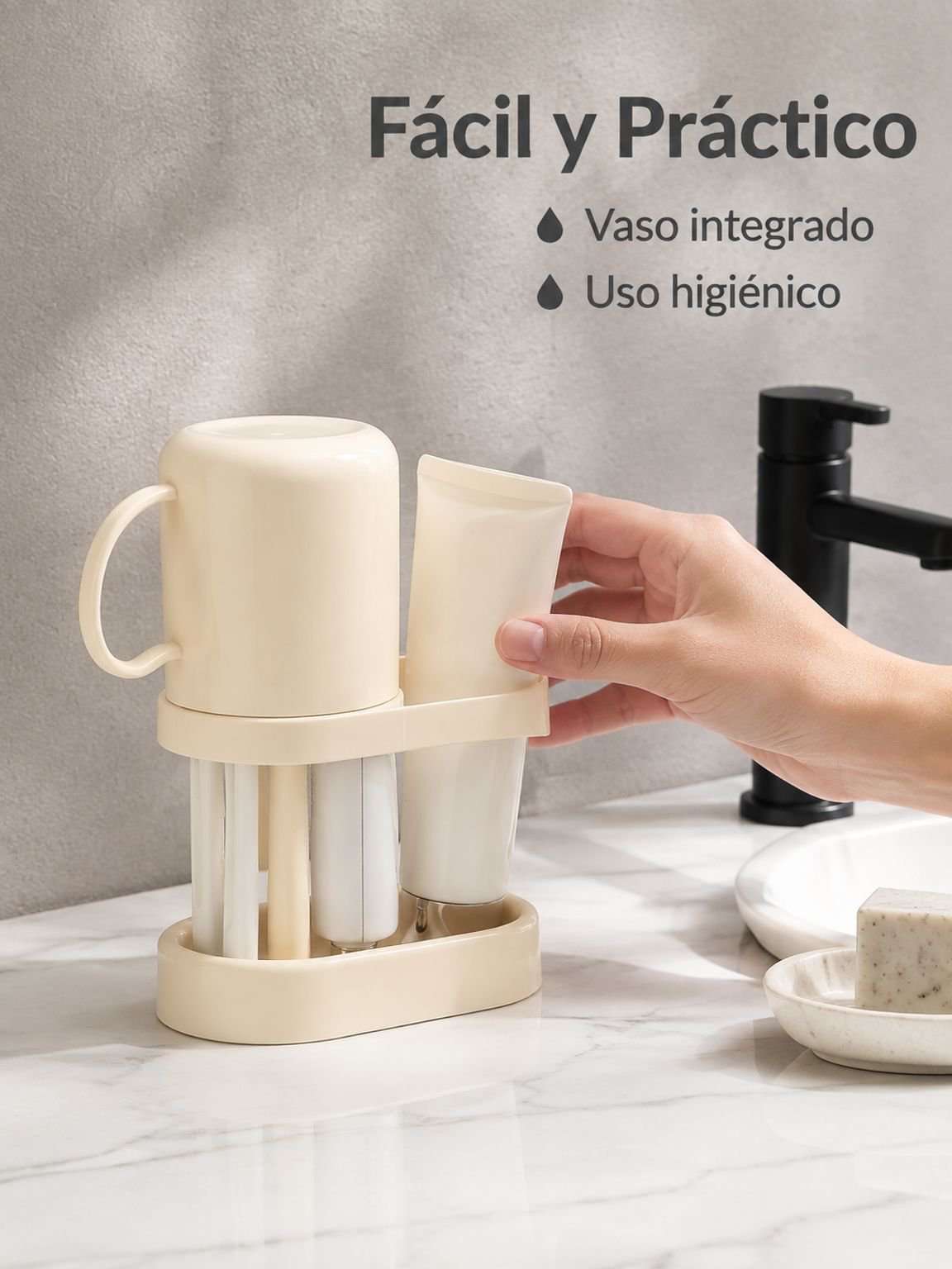 Soporte de cepillos de dientes con vaso de enjuague bucal y compartimentos, diseño minimalista