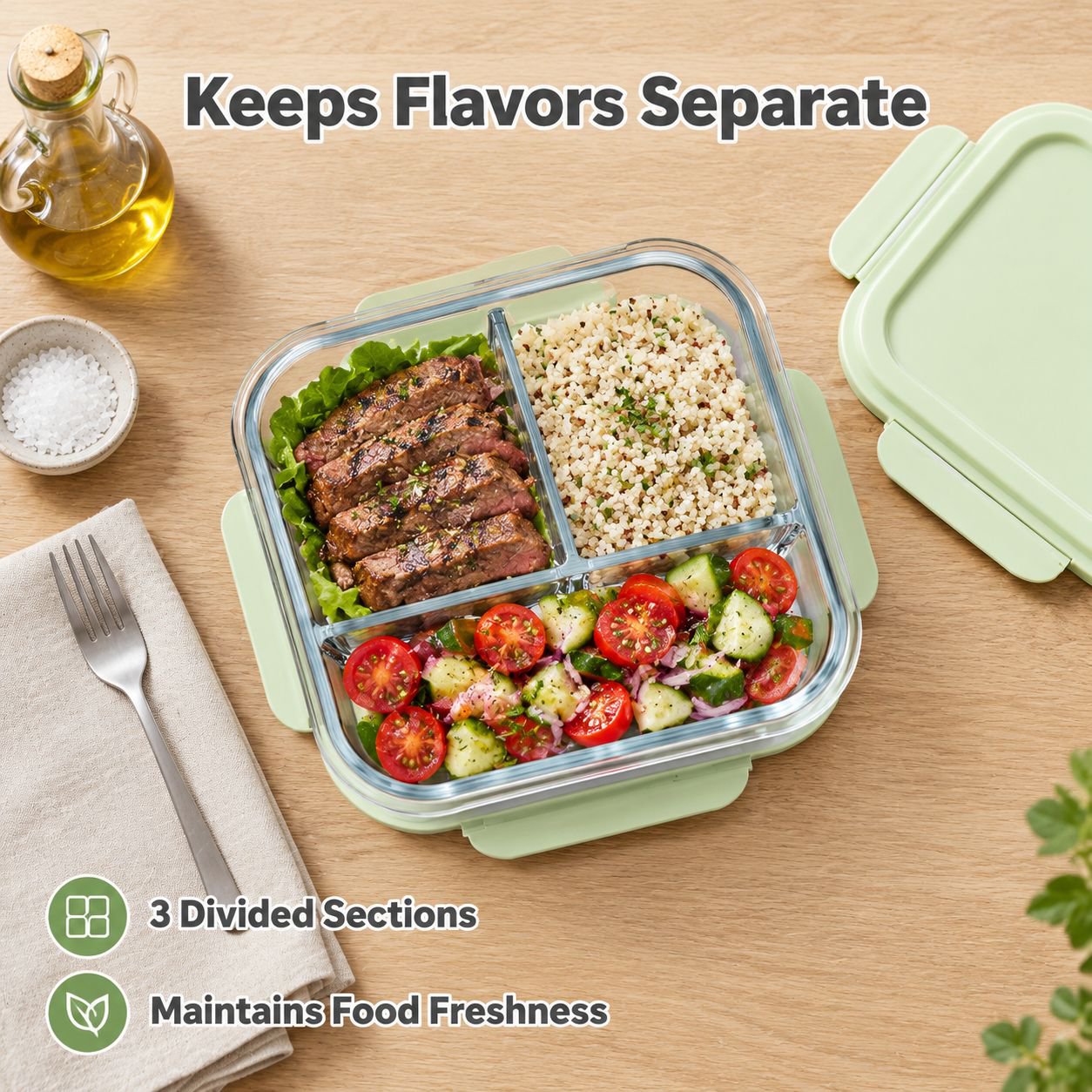 Microwave Safe Glass Bento Lunch Box with Divided Compartments and Lid