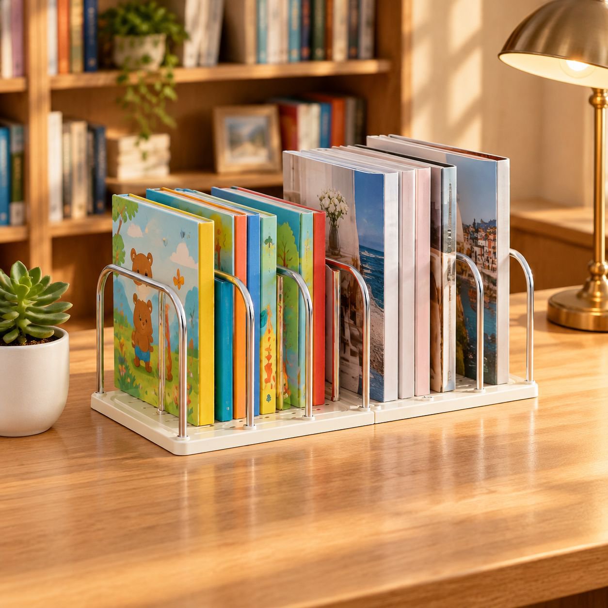 Top view of the bookend storage box featuring versatile compartments