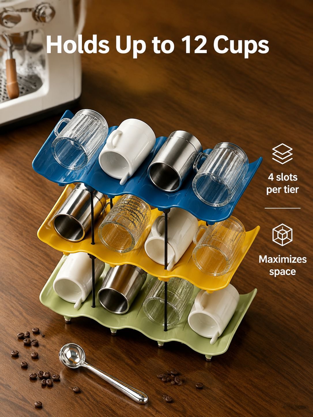 Modern kitchen with wave-shaped cup organizer on the wall