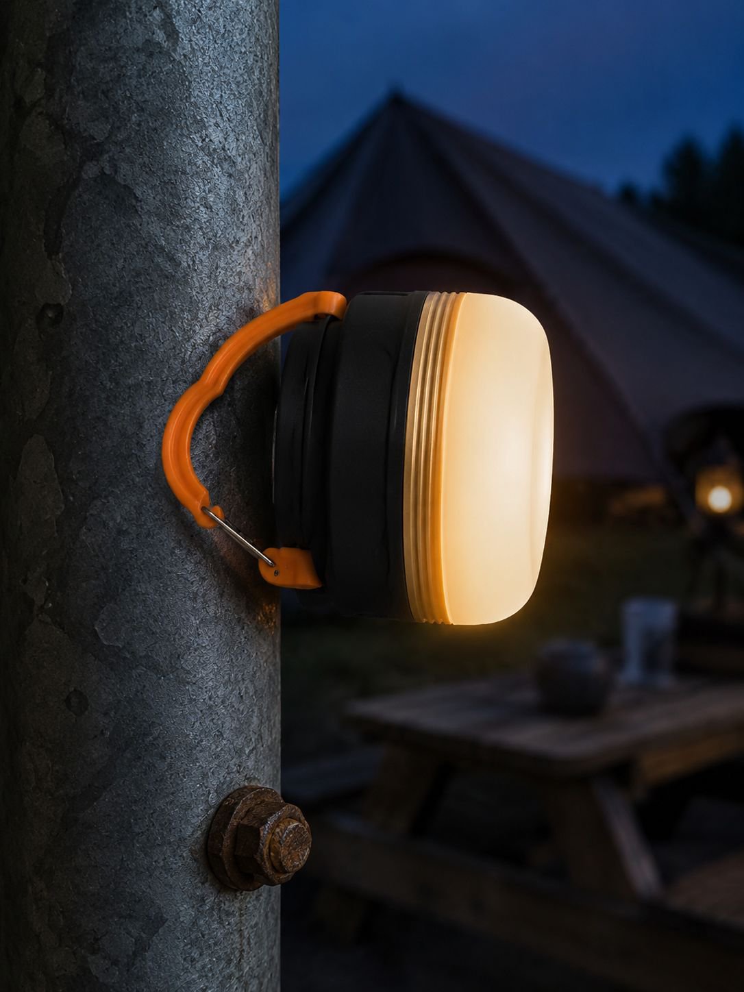 Long-lasting rechargeable camping light on a tent