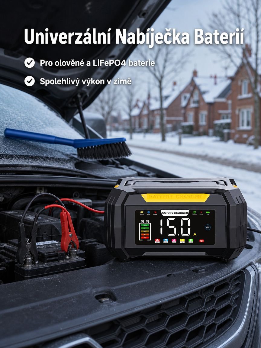 Přenosná 12V nabíječka s ukrytým kabelem, univerzální pro olověné a LiFePO4 autobaterie