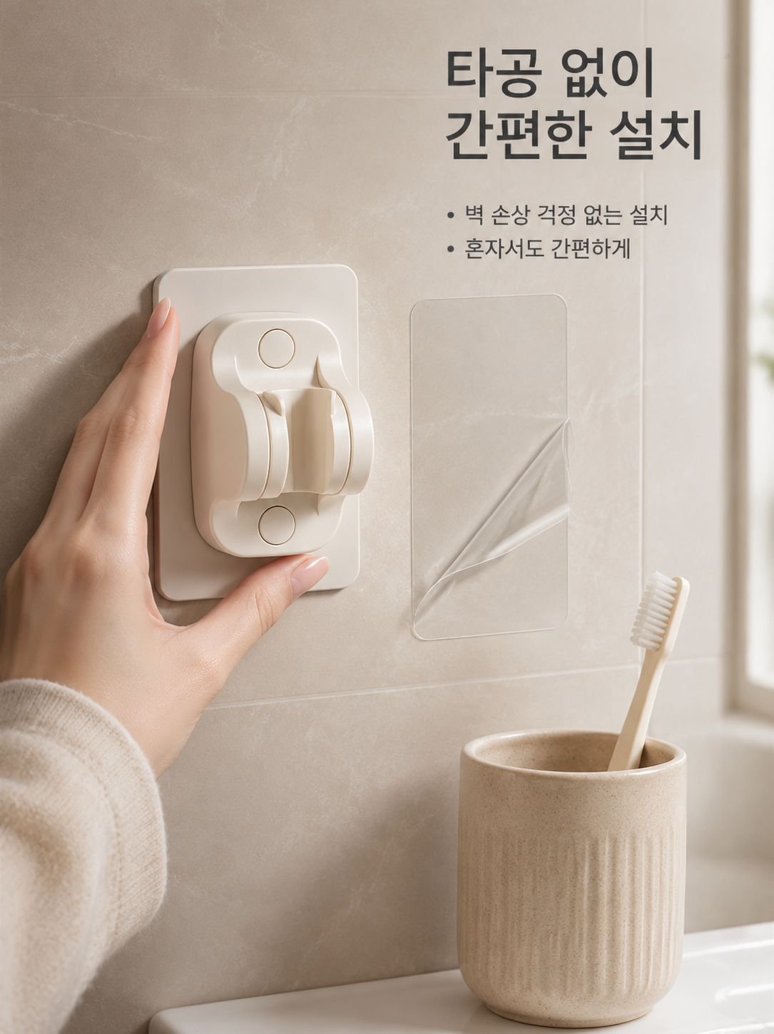 설치 필요 없는 샤워기 거치대 근접 촬영