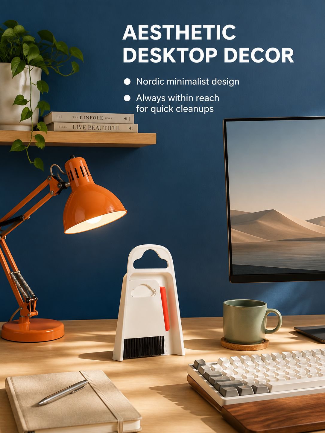 Desk cleaning mini broom with ergonomic handle