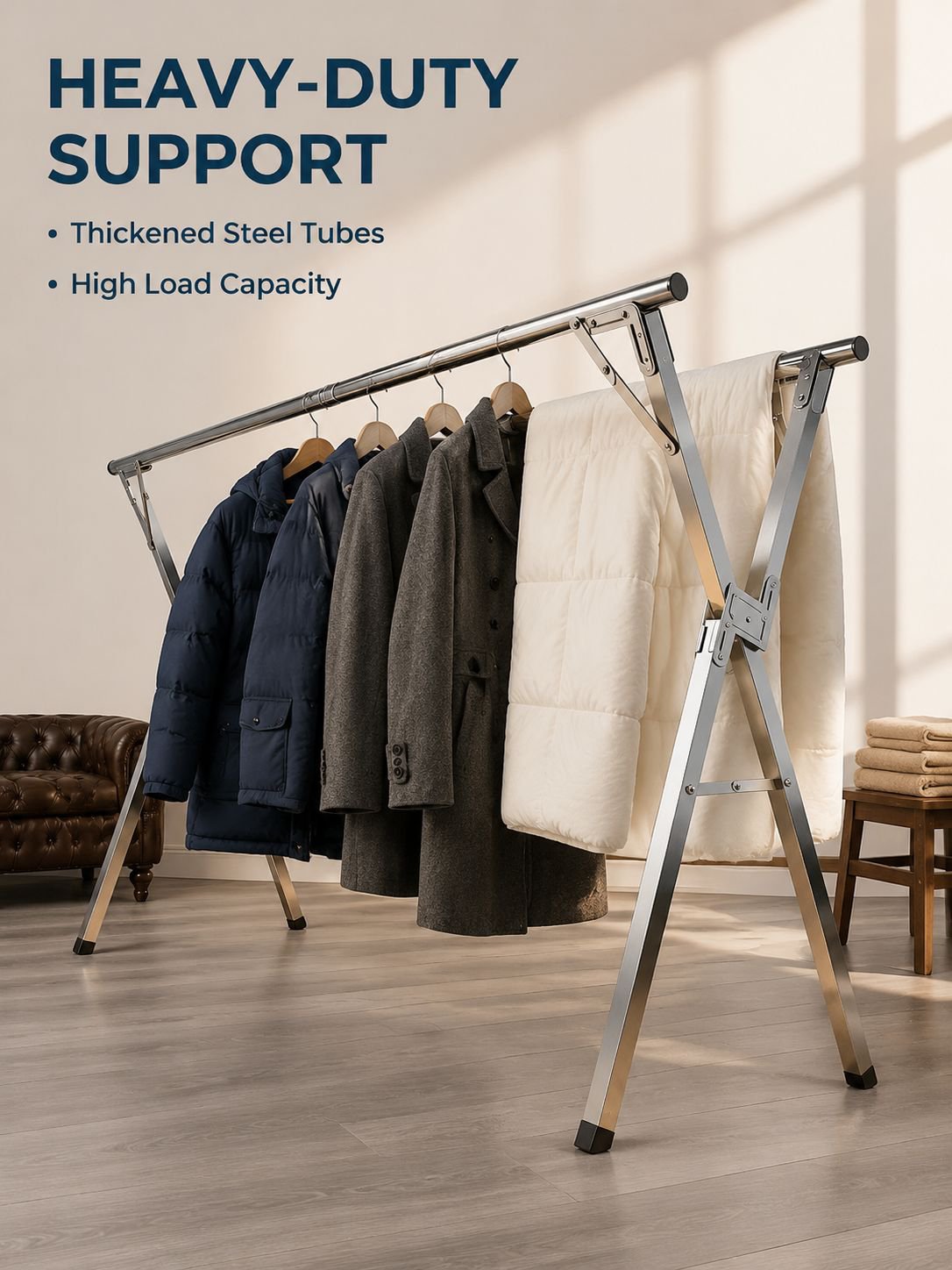 Floor-standing, folding, thickened clothes rack for home use on balconies and outdoors, telescopic c
