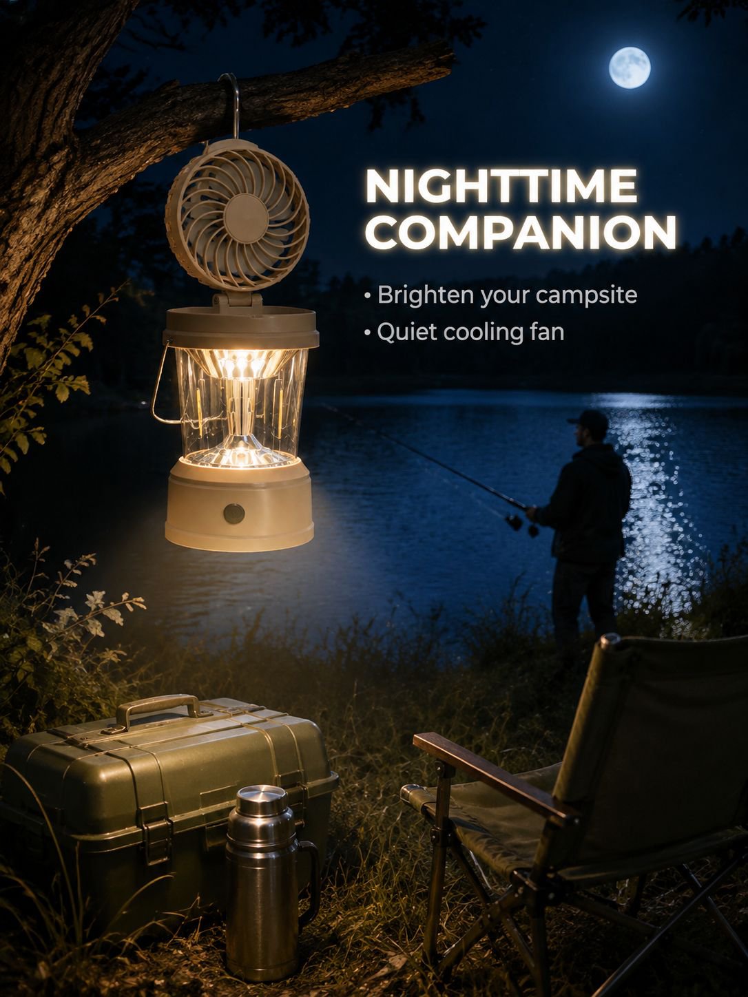 Camping lantern providing bright illumination and cooling fan
