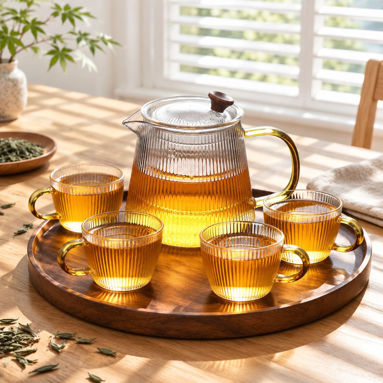Side view of the New Striped Glass Teapot with tea brewing inside