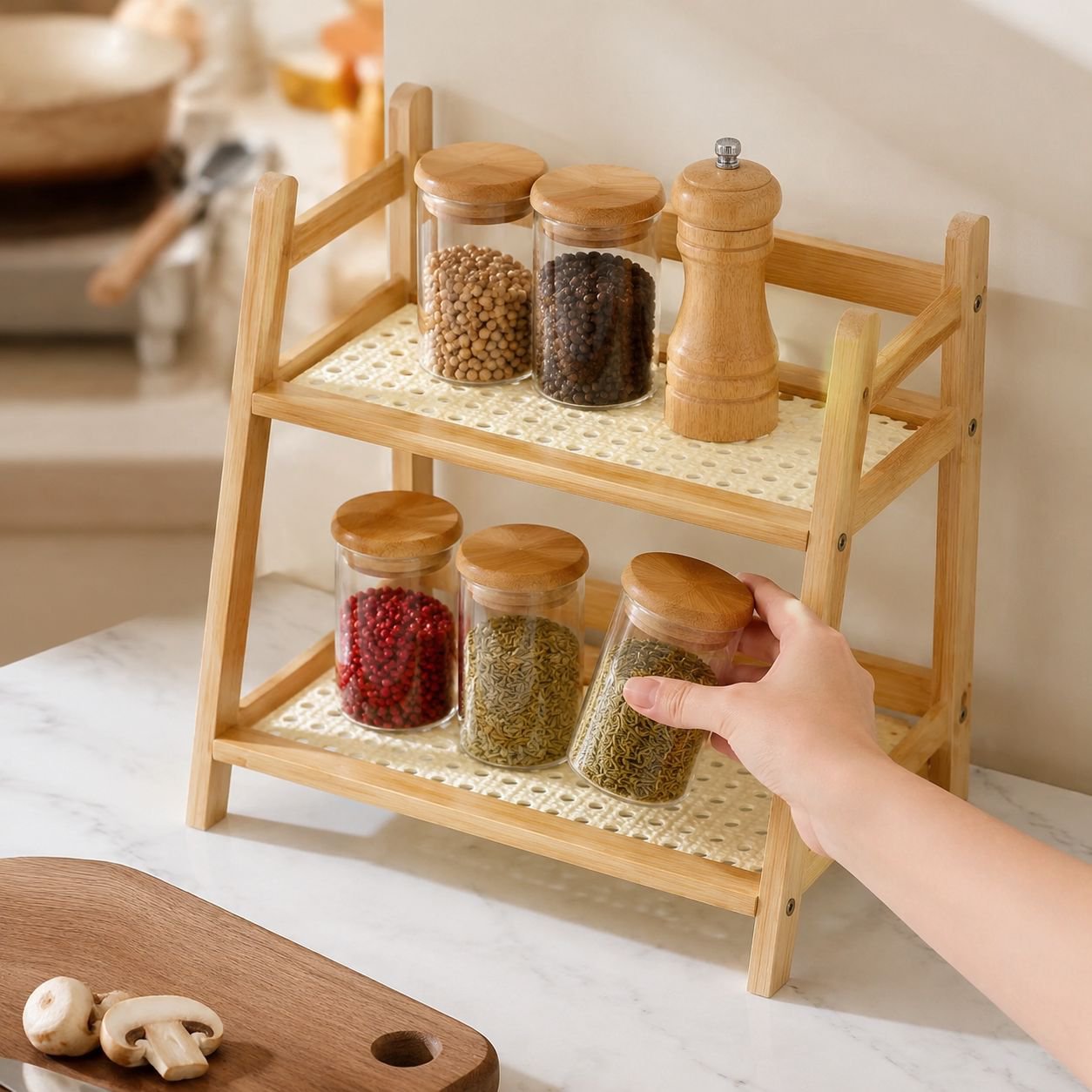 Haushalt Mehrschichtiges kleines Bücherregal aus Kunststoff-Rattan, cremefarbenes Küchenregal