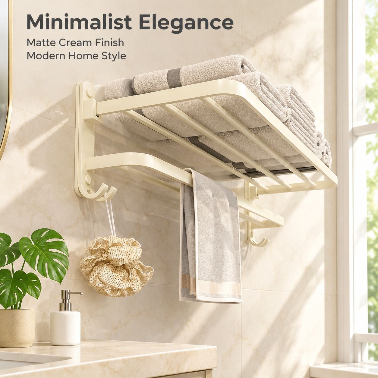 Cream Style Bathroom Towel Rack Punch-Free White Bath Towel Shelf Hardware Set