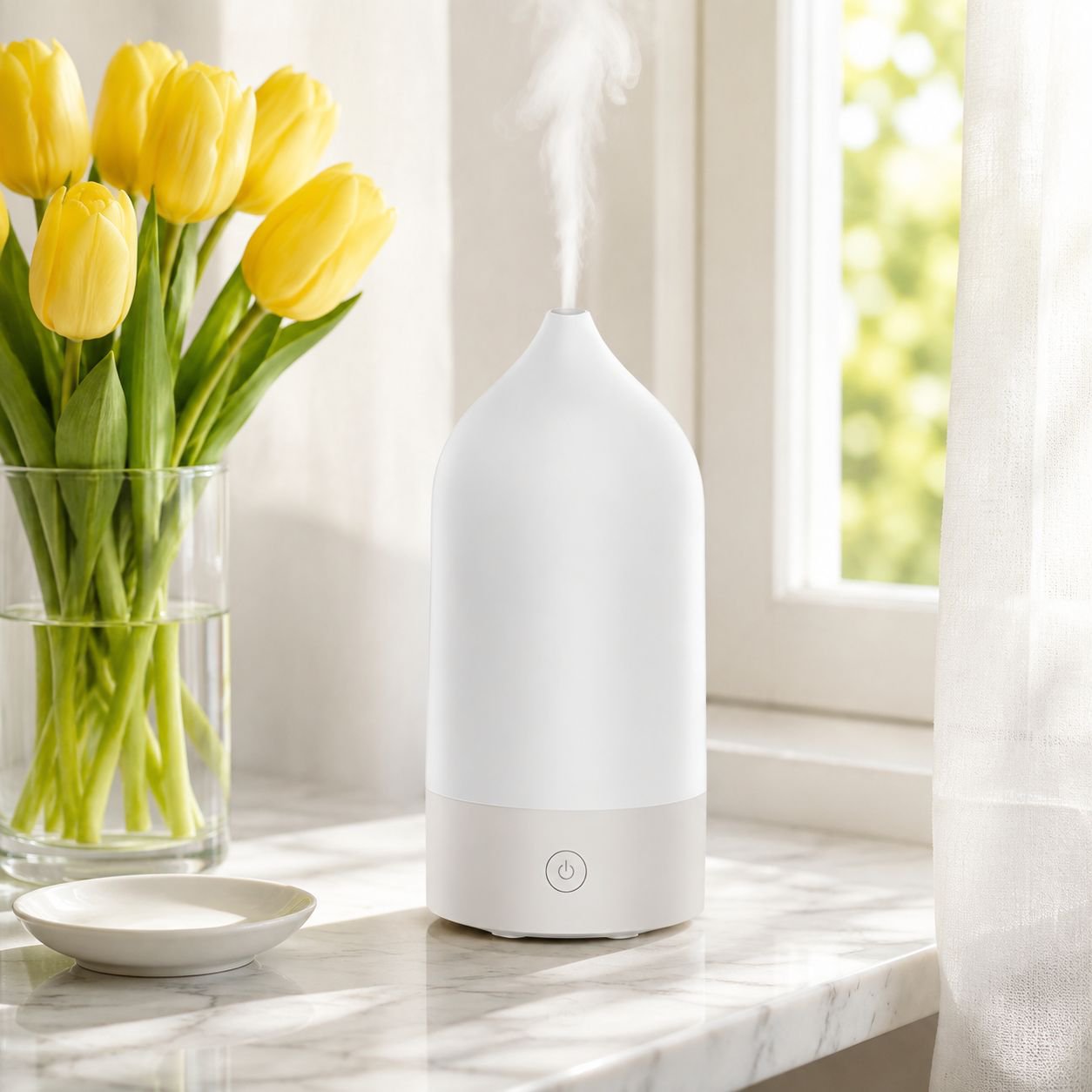 Vase-shaped diffuser lamp creating cozy bedroom environment