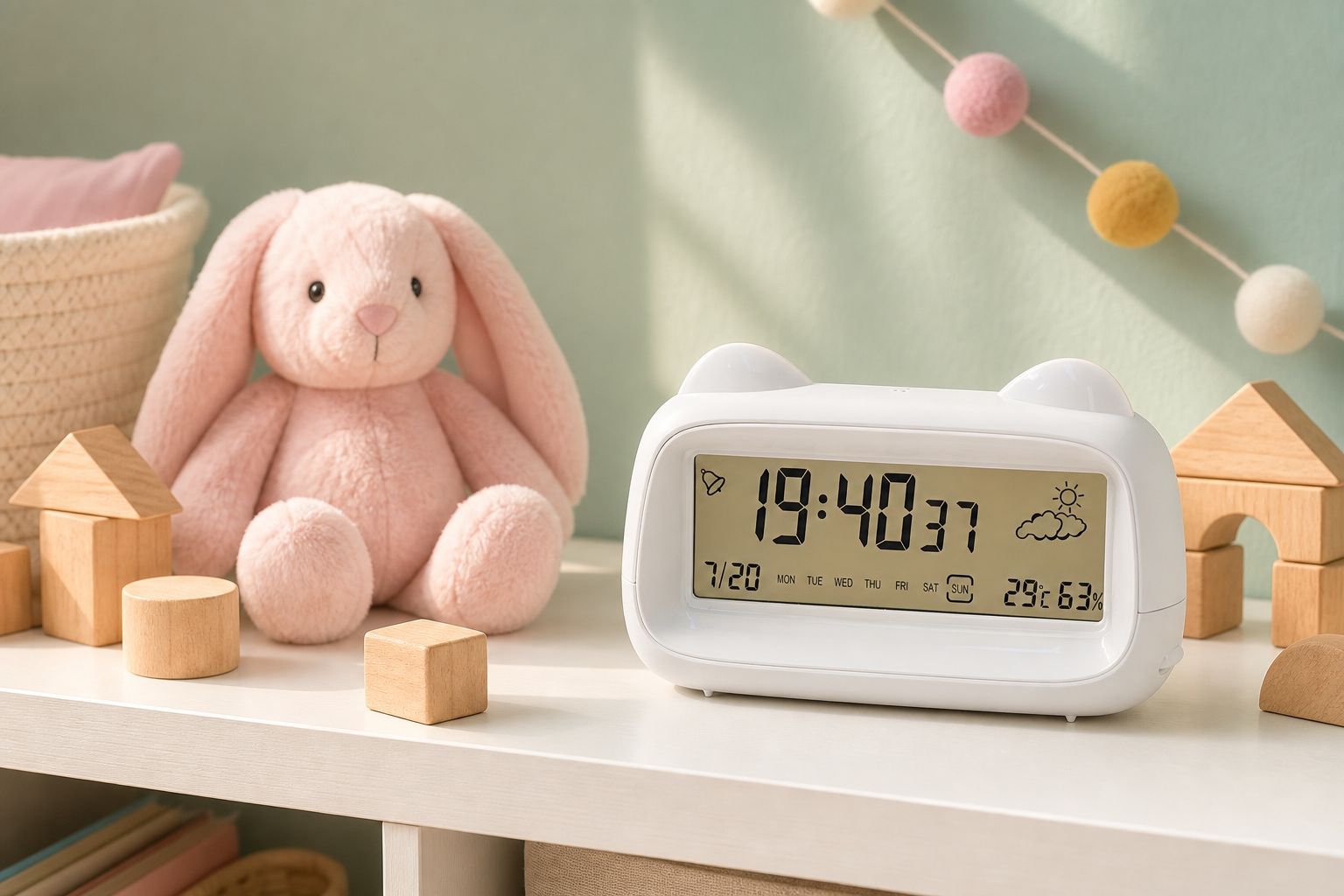 Rechargeable cute cat alarm clock for kids on bedside table