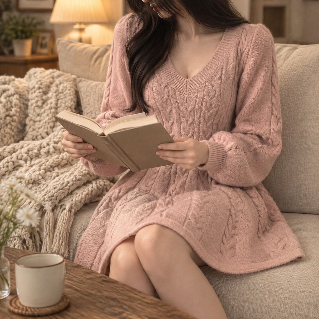秋冬のヴィンテージ風麻の花柄Vネックウエストマークの小柄ロングスリーブAラインニットワンピース女性向け