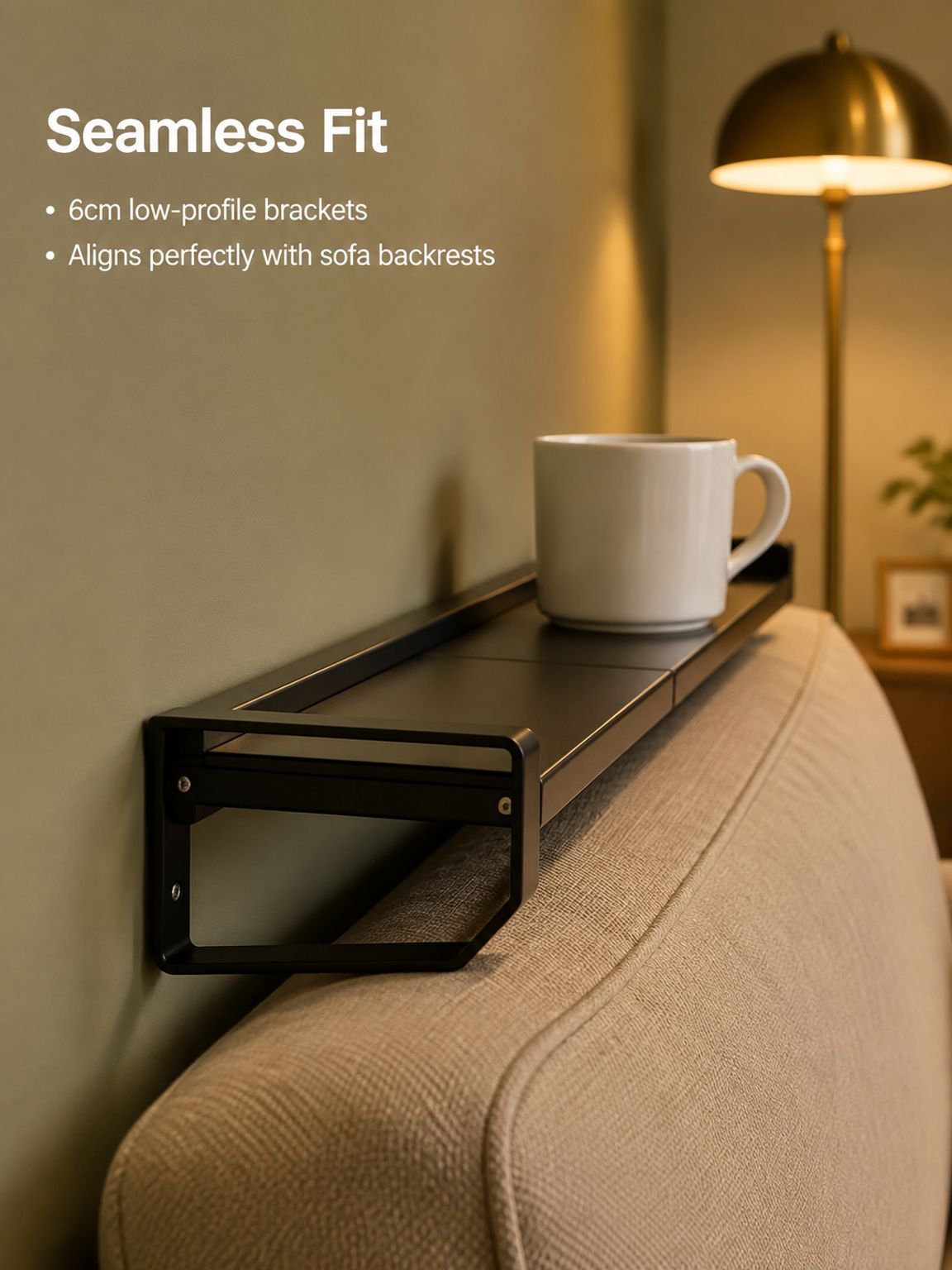 Floating shelf installed behind sofa for space saving living room storage