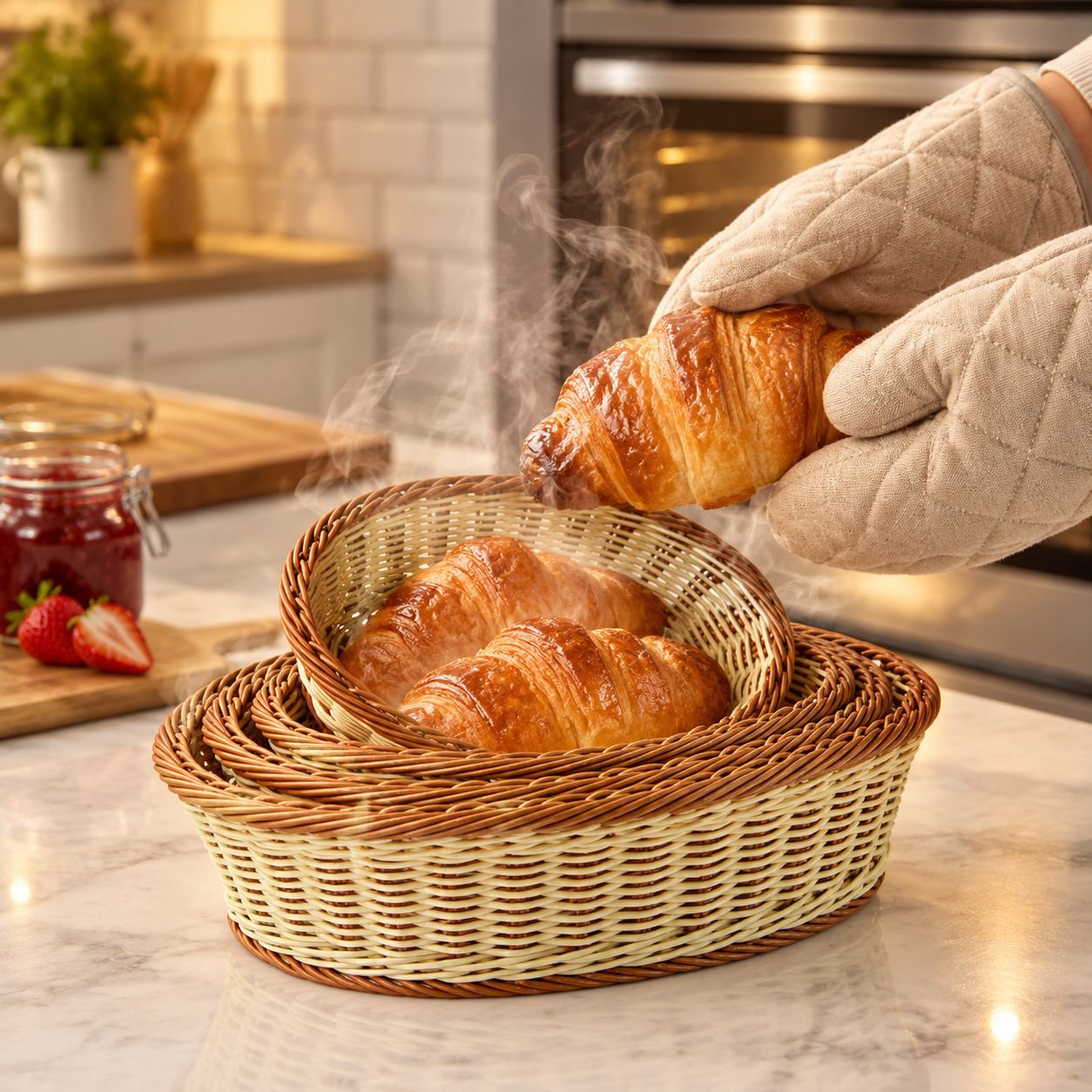 Imitation Rattan Bread Basket with freshly baked baguettes inside