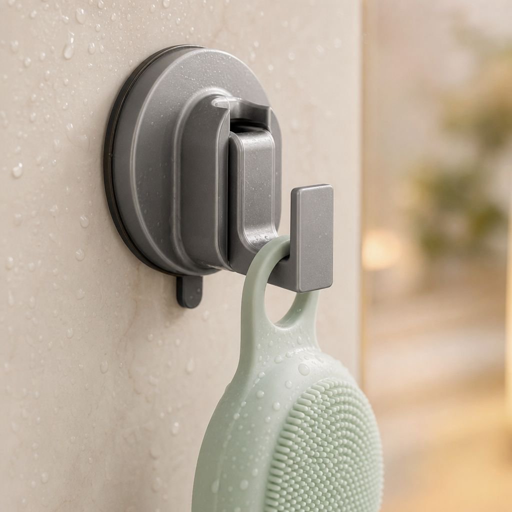 Close-up of suction cup hook holding towel on bathroom wall