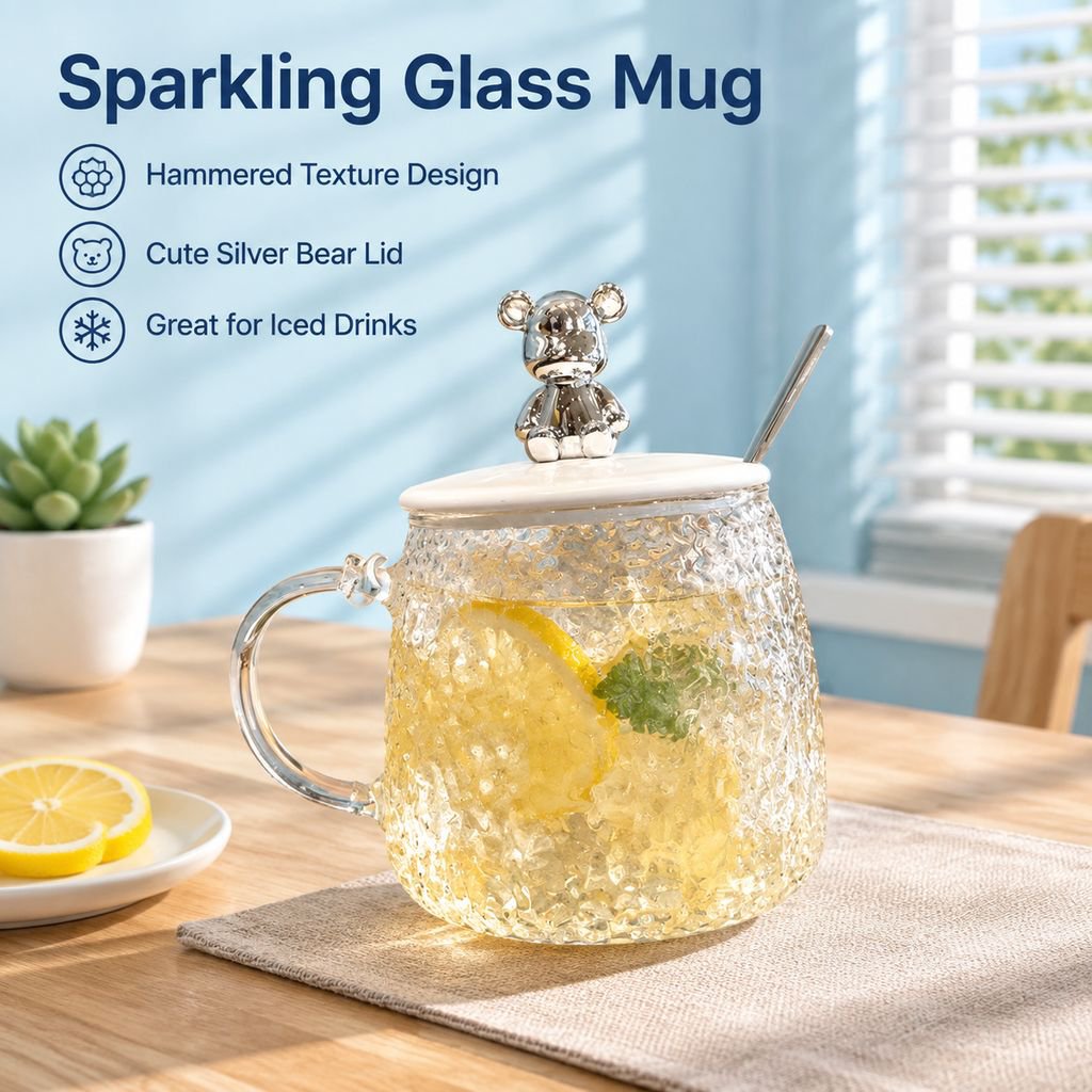 Glass Bear Mug with Lid, Large Belly