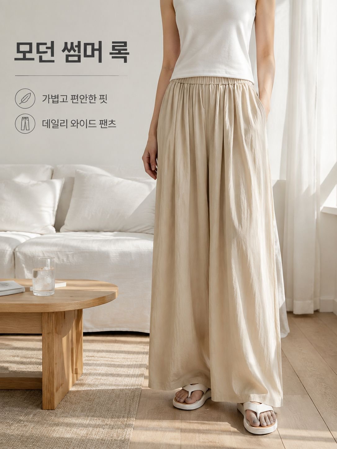 여자 여름 면 마 와이드 팬츠 슬랙스 나그랑 원단 와이드 팬츠