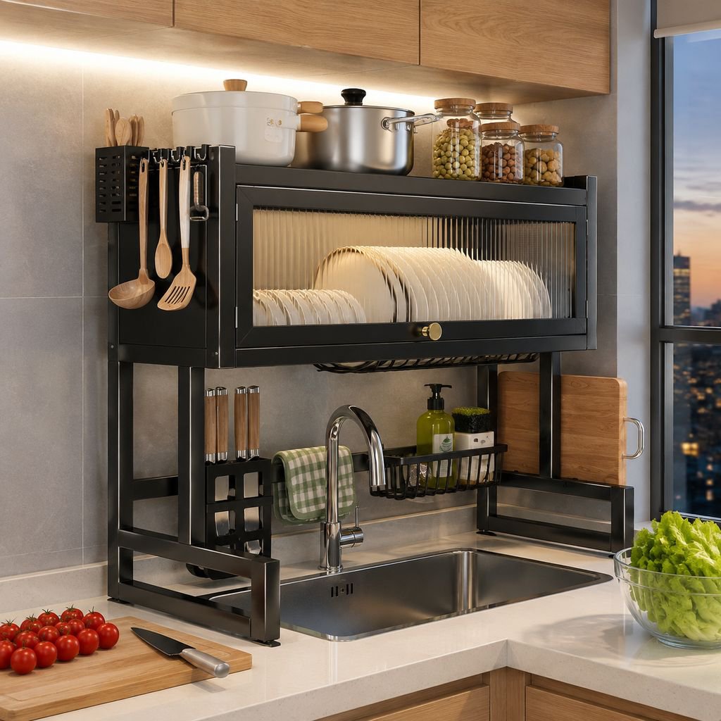 Kitchen dish rack with utensil holder and shelves