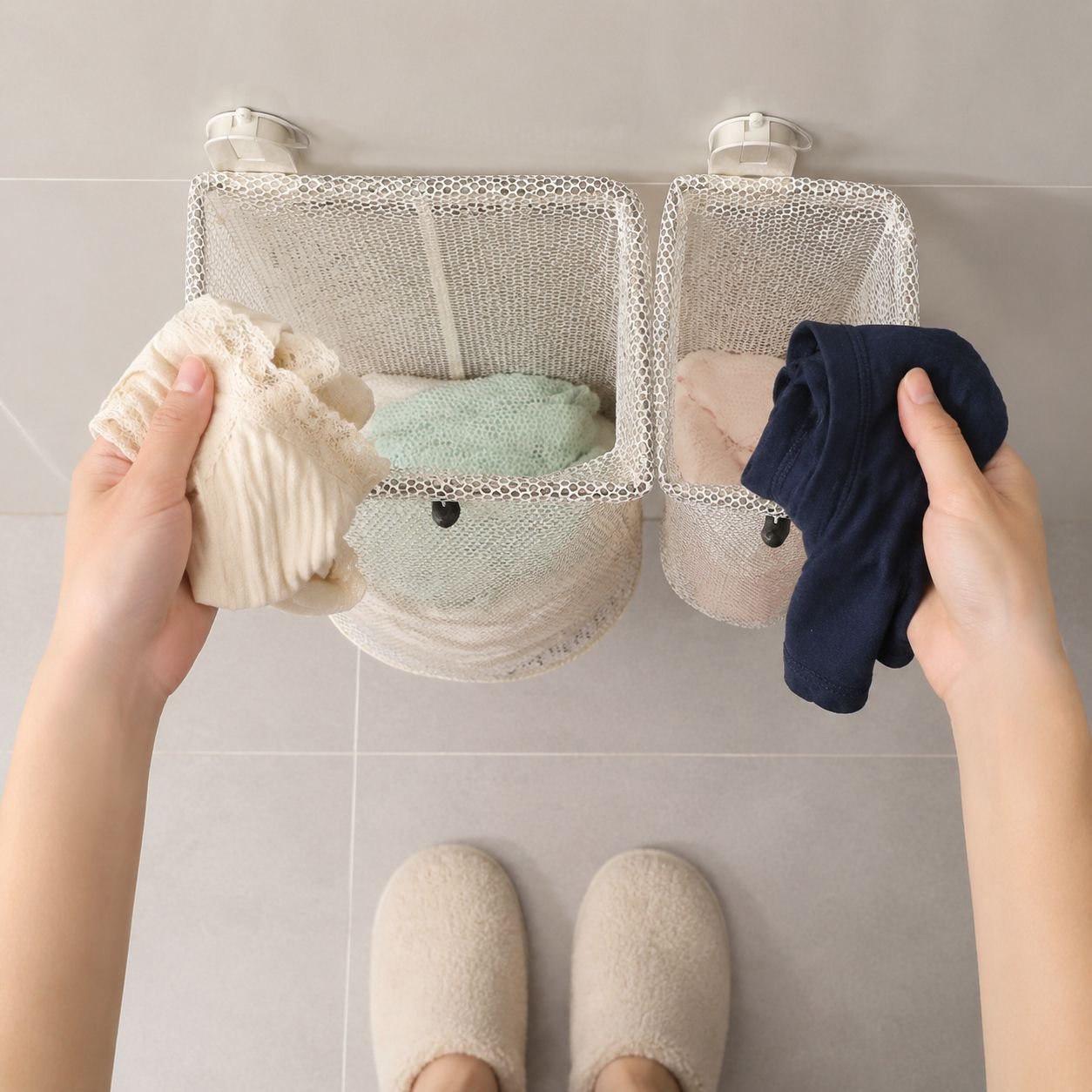 Space-saving foldable laundry hamper for bathrooms
