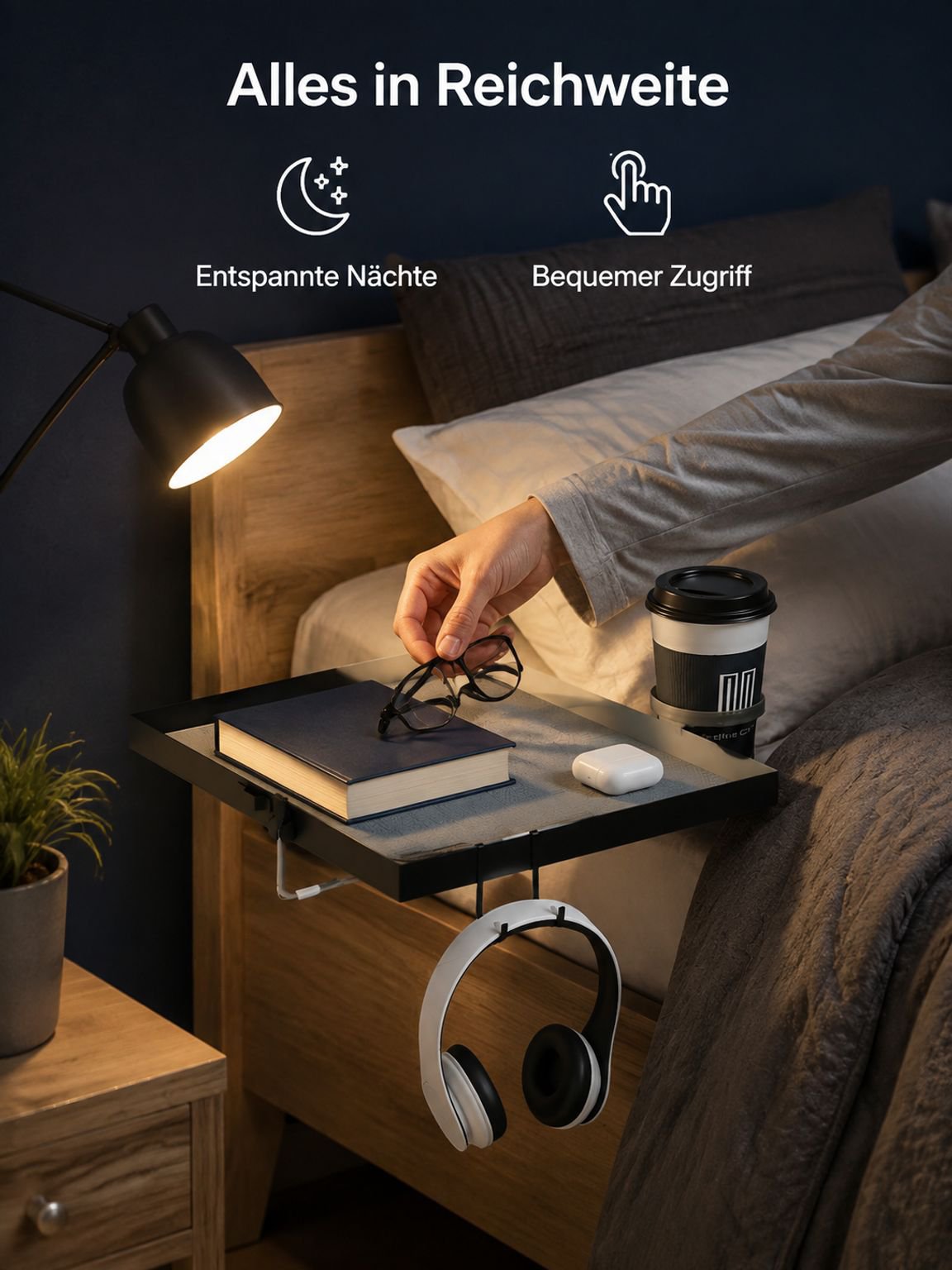 Bett-Side Organizer mit Clip – Telefonhalter und Ablage, bohrfrei