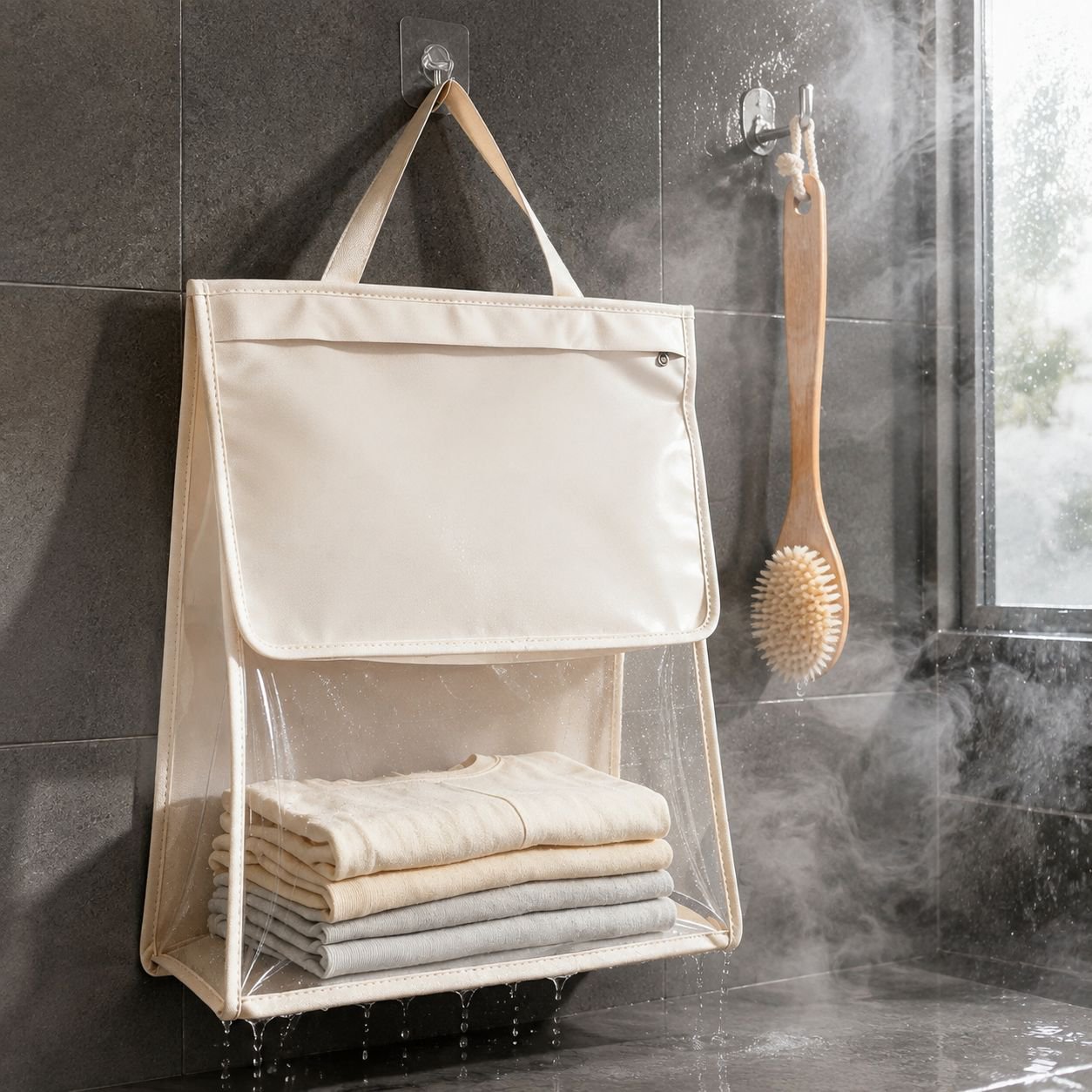 Easy installation of wall-mounted bathroom organizer bag