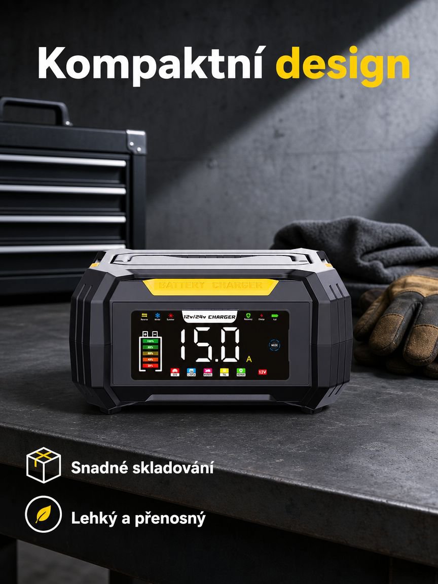 Přenosná 12V nabíječka s ukrytým kabelem, univerzální pro olověné a LiFePO4 autobaterie