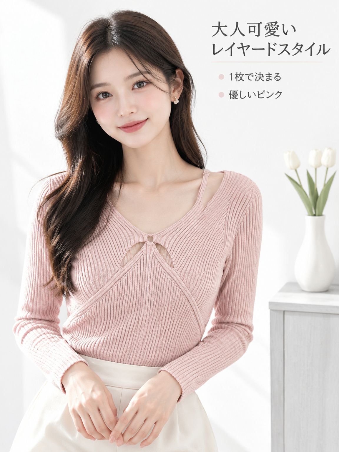 春秋新作 裴秀キャミソールピンクニットフェイクレイヤード