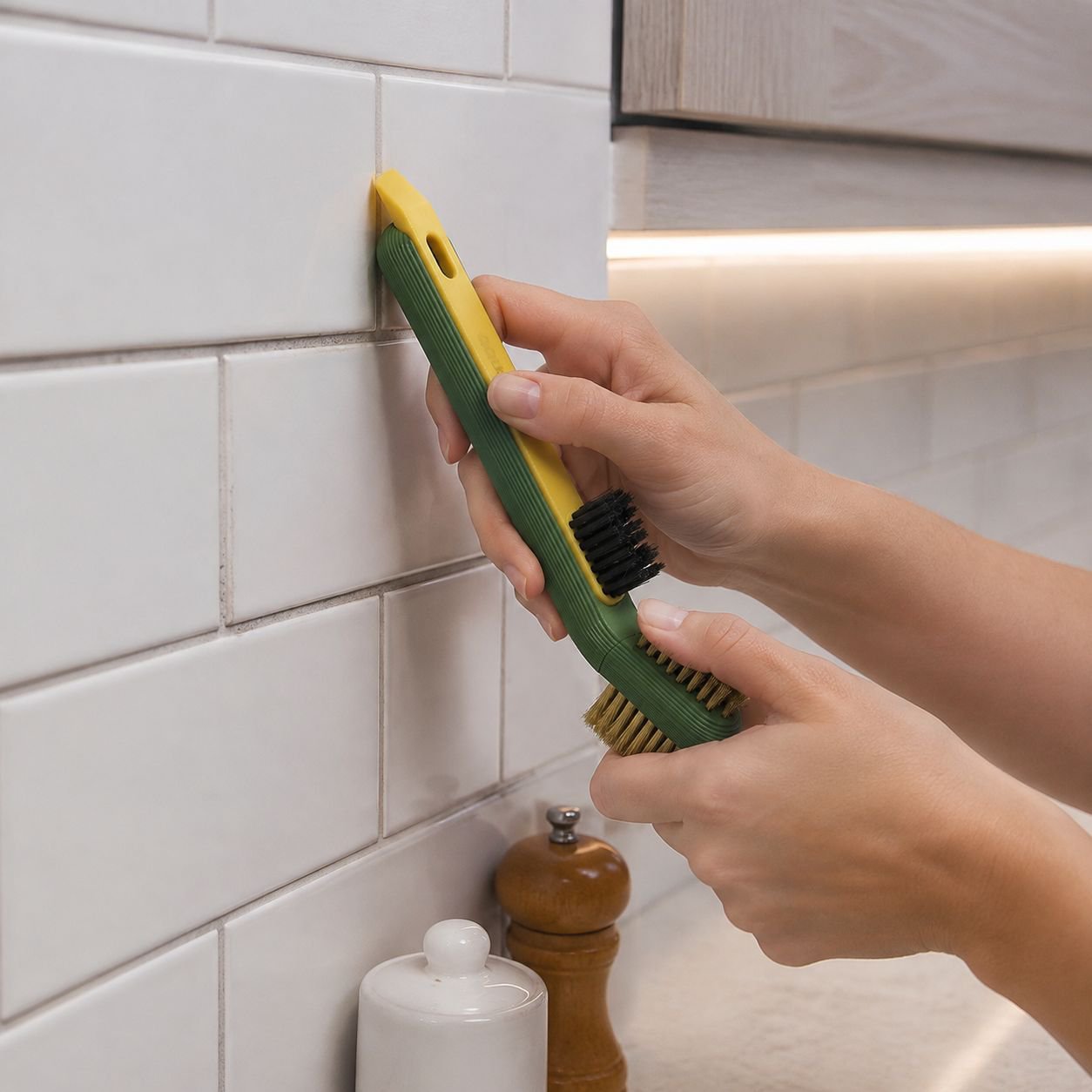Deep cleaning grease from cooktop with multifunctional brush