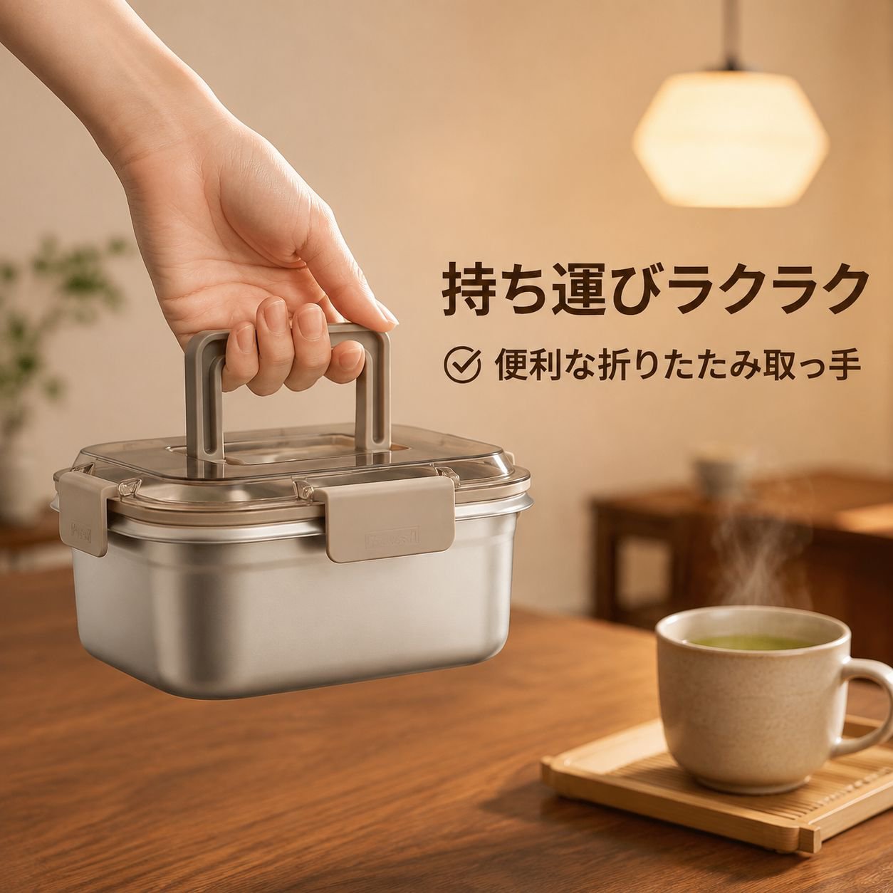 取っ手付きステンレス製食品保存容器