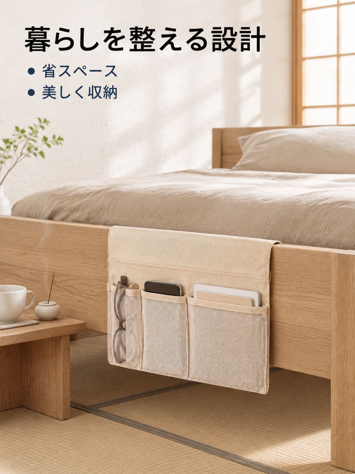 壁に吊り下げた布製収納ポケットの全体イメージ