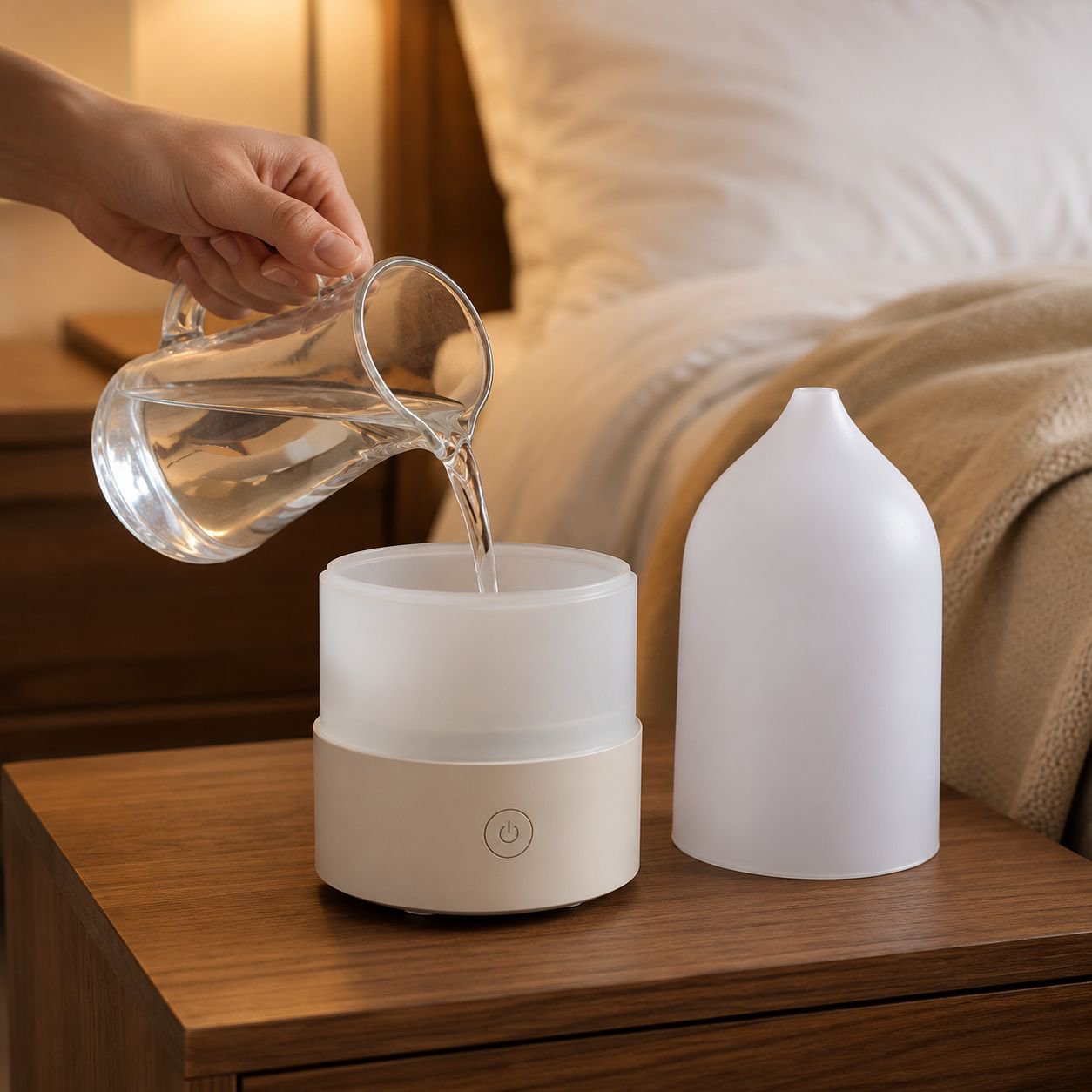 Ultrasonic essential oil diffuser emitting mist and colorful lights