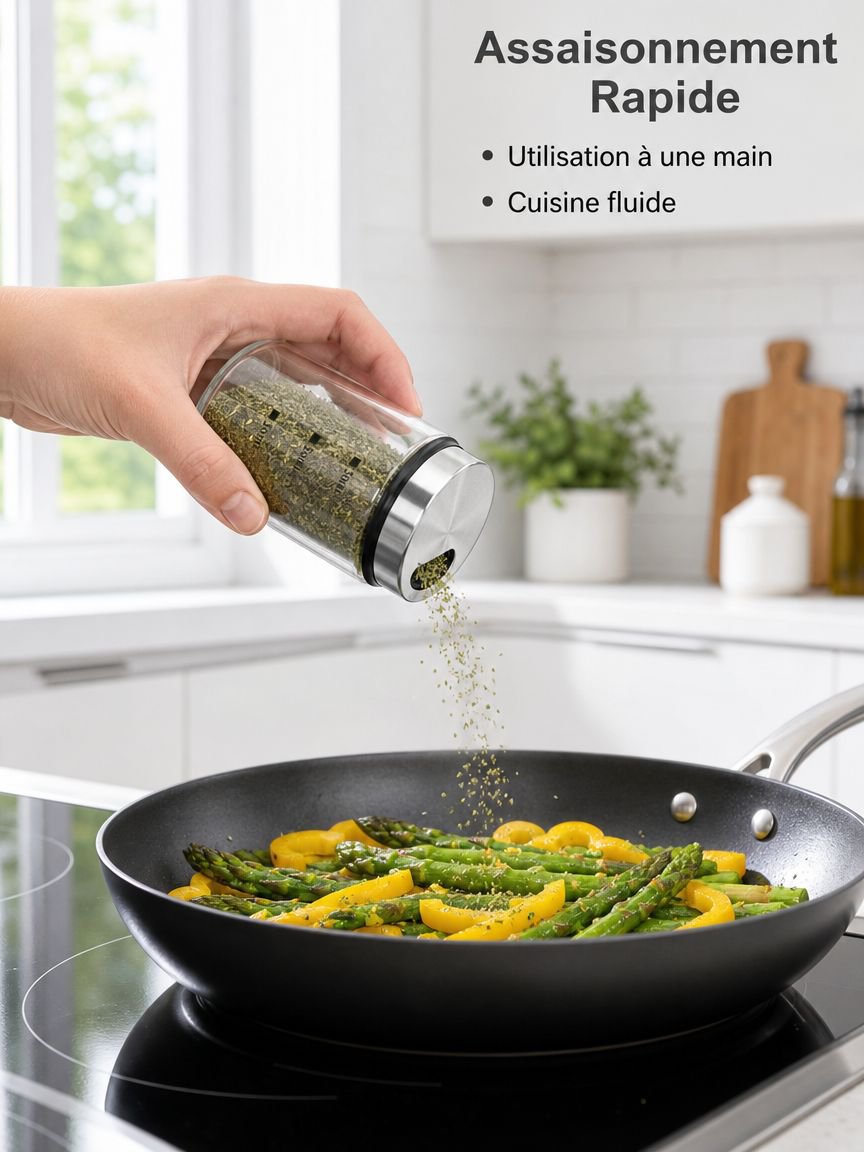 Boîte à épices rotative en verre résistant à la chaleur avec couvercle en acier inoxydable