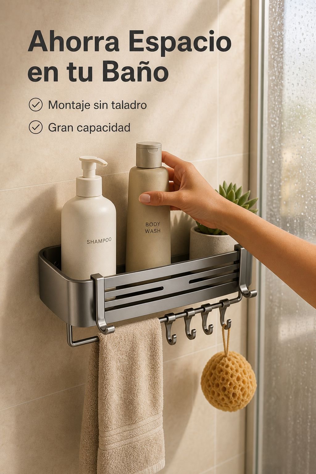 Estante de baño rectangular de instalación sin perforación