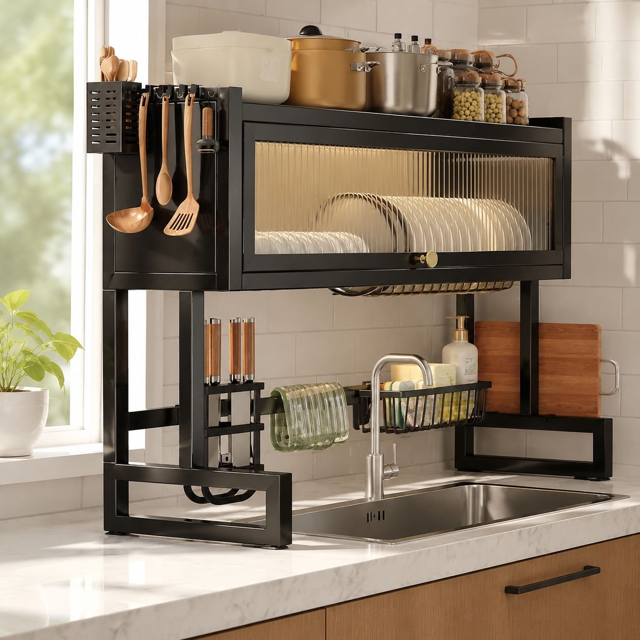 Double-Layer Dish Drainer Rack for Kitchen Sink Countertop, Dustproof Storage Cabinet with Doors