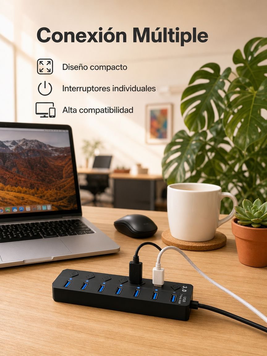 Divisor USB de cuatro puertos con interruptor y extensor para computadora