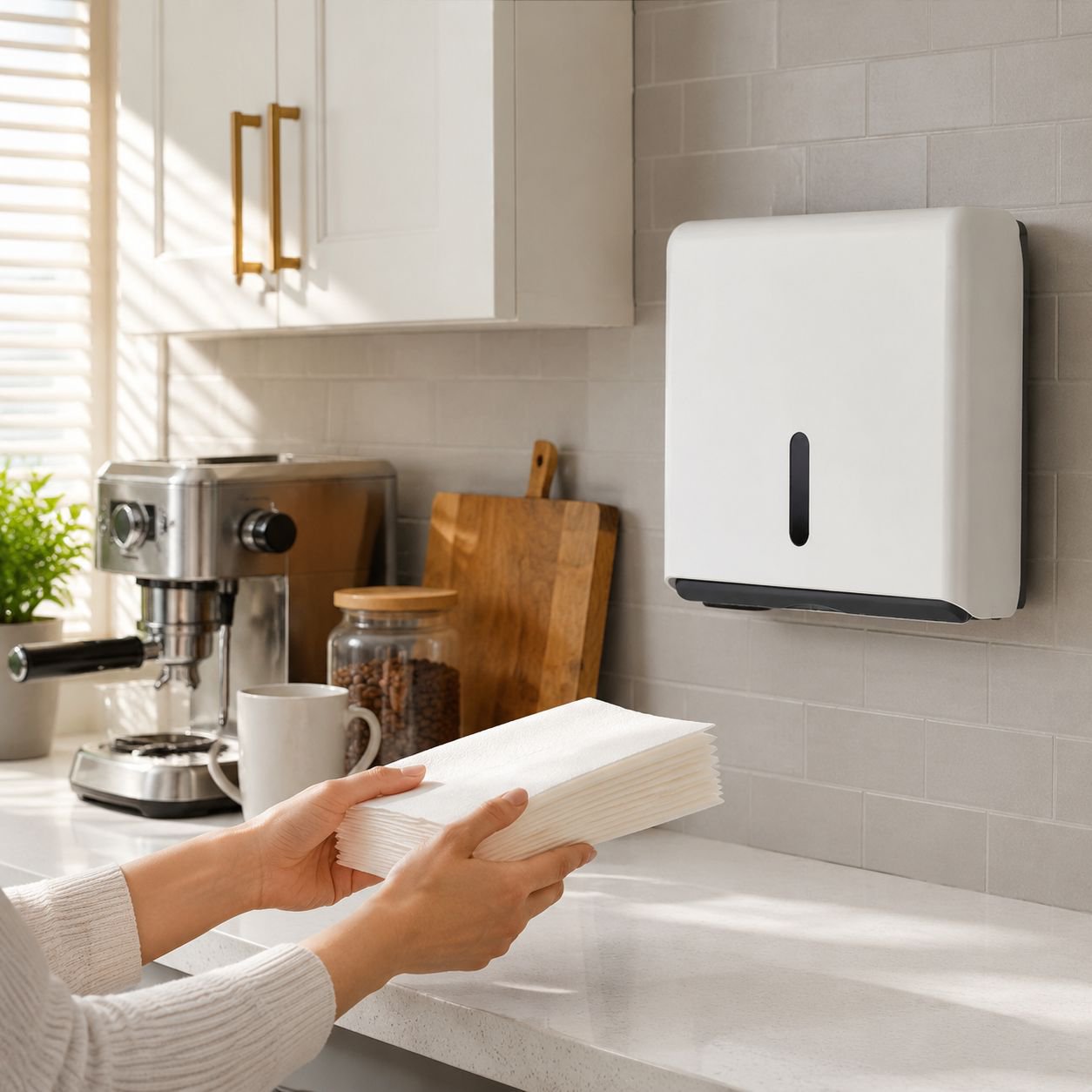 Space saving tissue box attached to bathroom wall