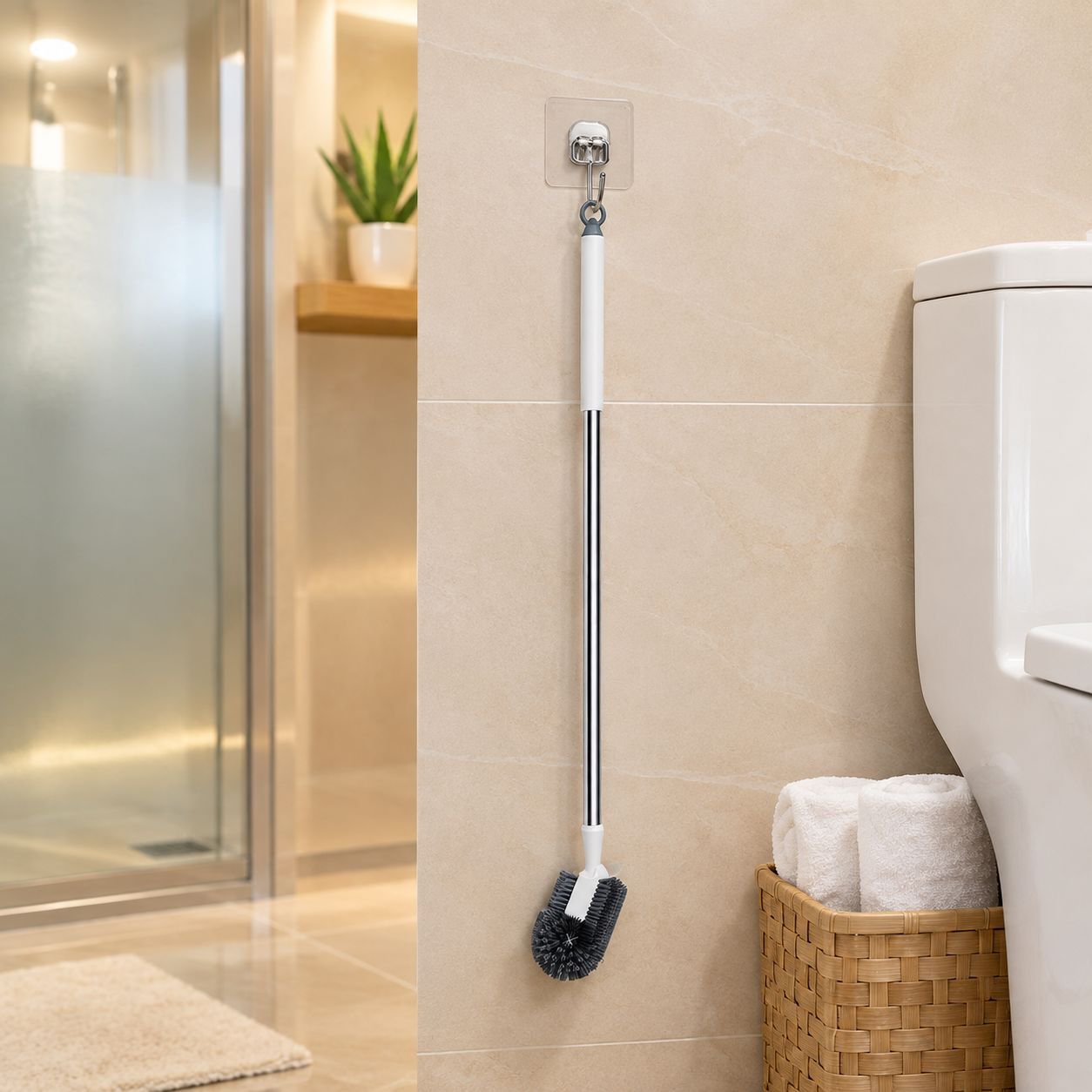 Cepillo de inodoro extensible en forma de S para montaje en pared