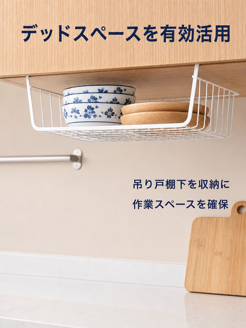 穴あけ不要のキッチン吊り下げ式バスケットラック