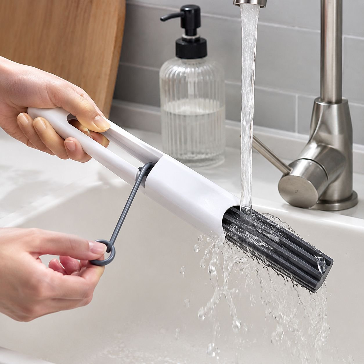 Close-up of compact lint roller cleaning keyboard