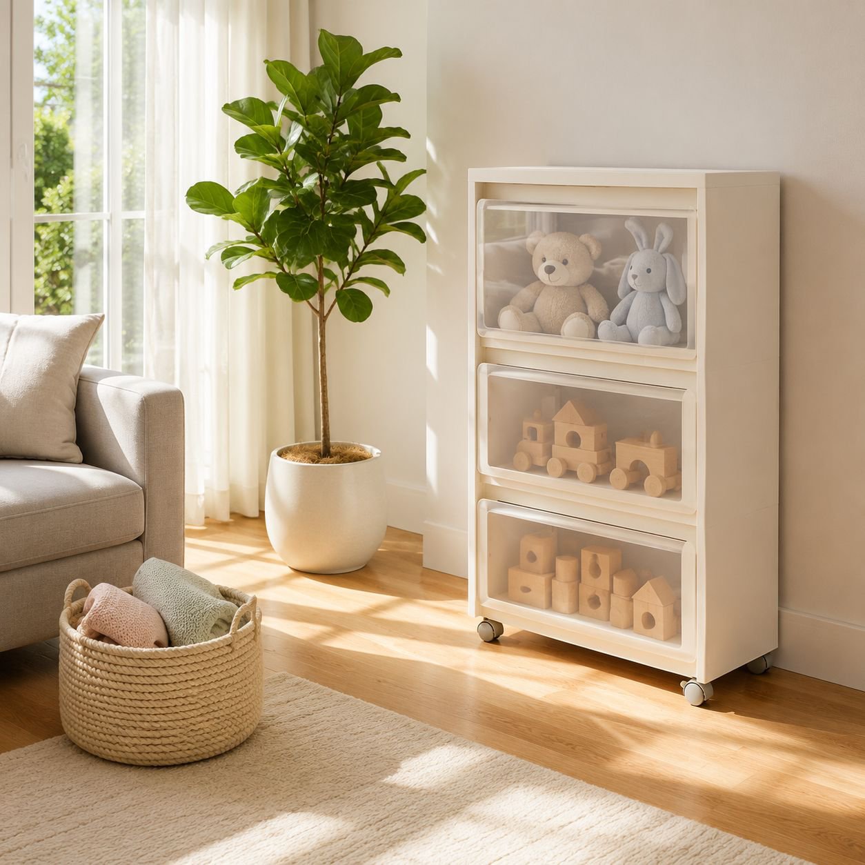 Home Living Room Toy Storage Box with Wheels, Organizer Cabinet
