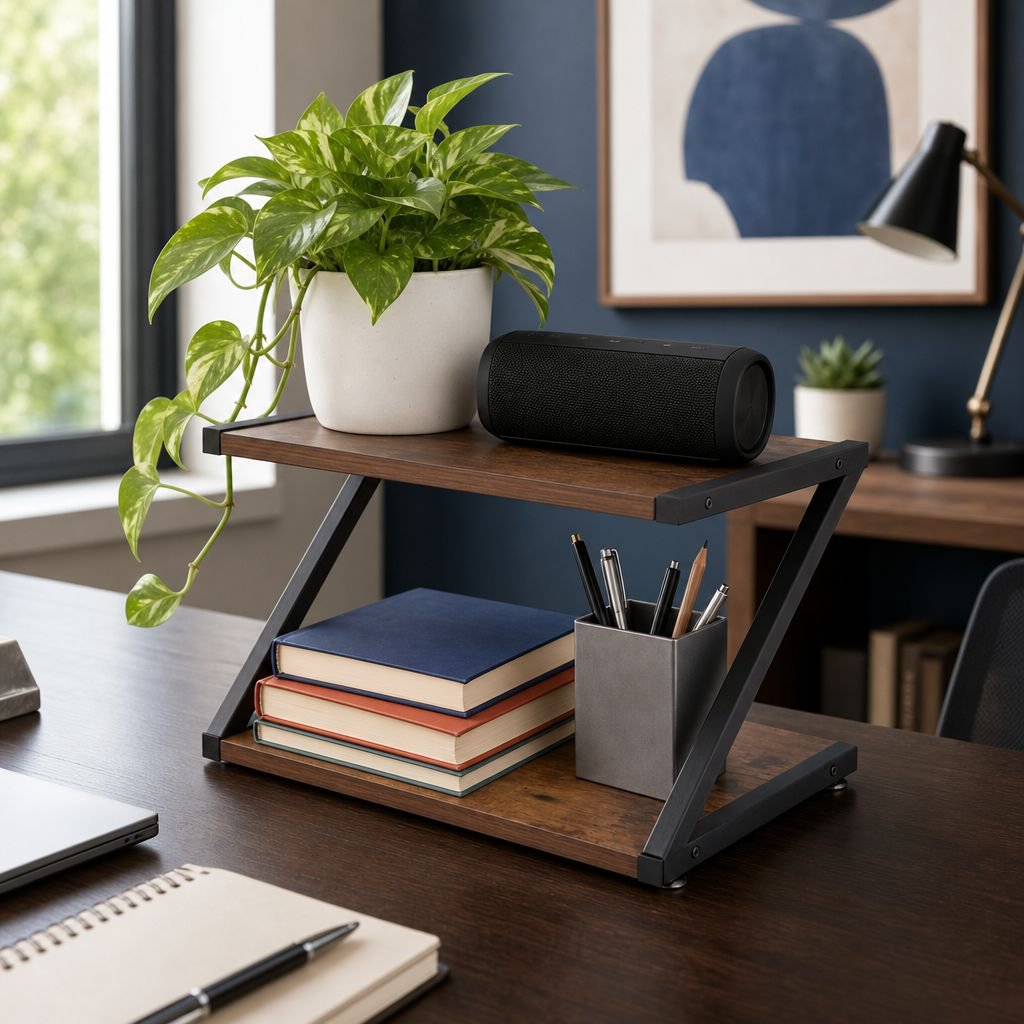 Desktop storage rack with books, printer, and accessories