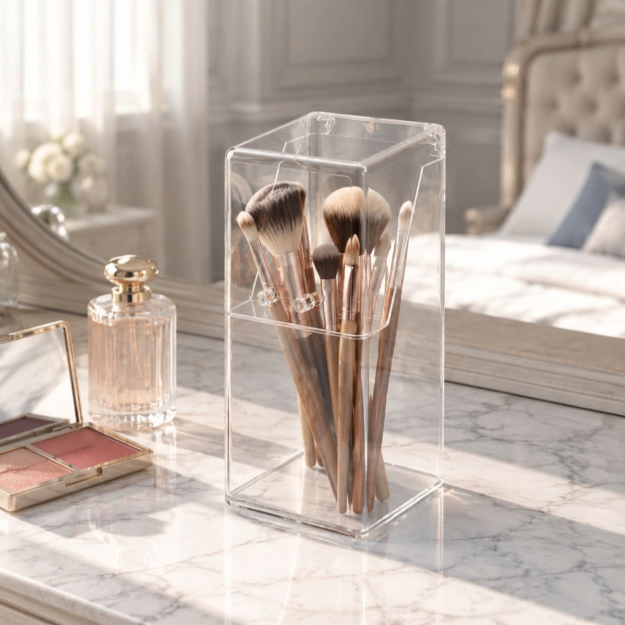 Transparent Square Makeup Brush Storage Box with Mirror, Flip Top Acrylic Desk Organizer