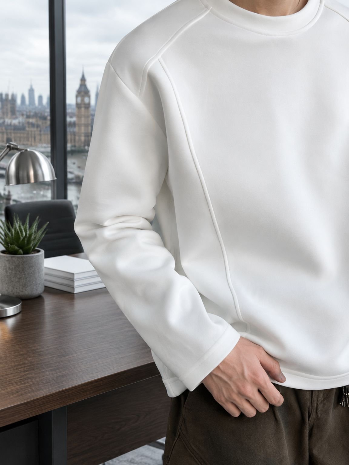 Men's deconstructed long-sleeve t-shirt styled with jeans