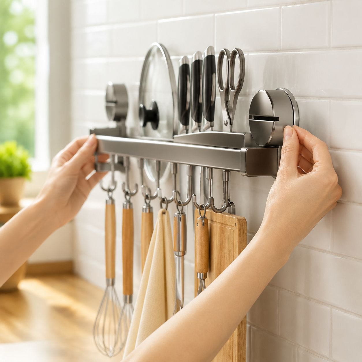 Kitchen Storage Organizer with Gunmetal Gray Hanging Bar